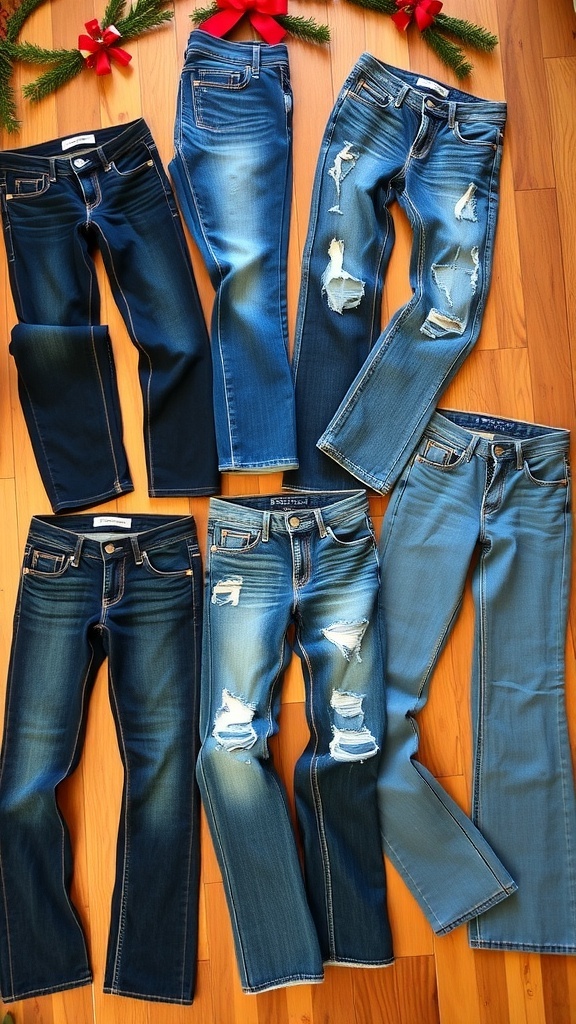 A variety of jeans styles including skinny, bootcut, and distressed, displayed on a wooden surface with holiday decorations.